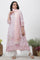 Pink Floral Printed A-Line Kurta, Pants And Kota Dupatta Set