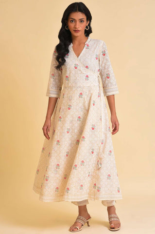 Ecru Glitter Printed Angrakha kurta & Pants Set