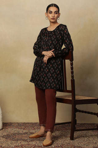 Black Ajrakh Dot Print Round Neck Long Top In Fluid Satin