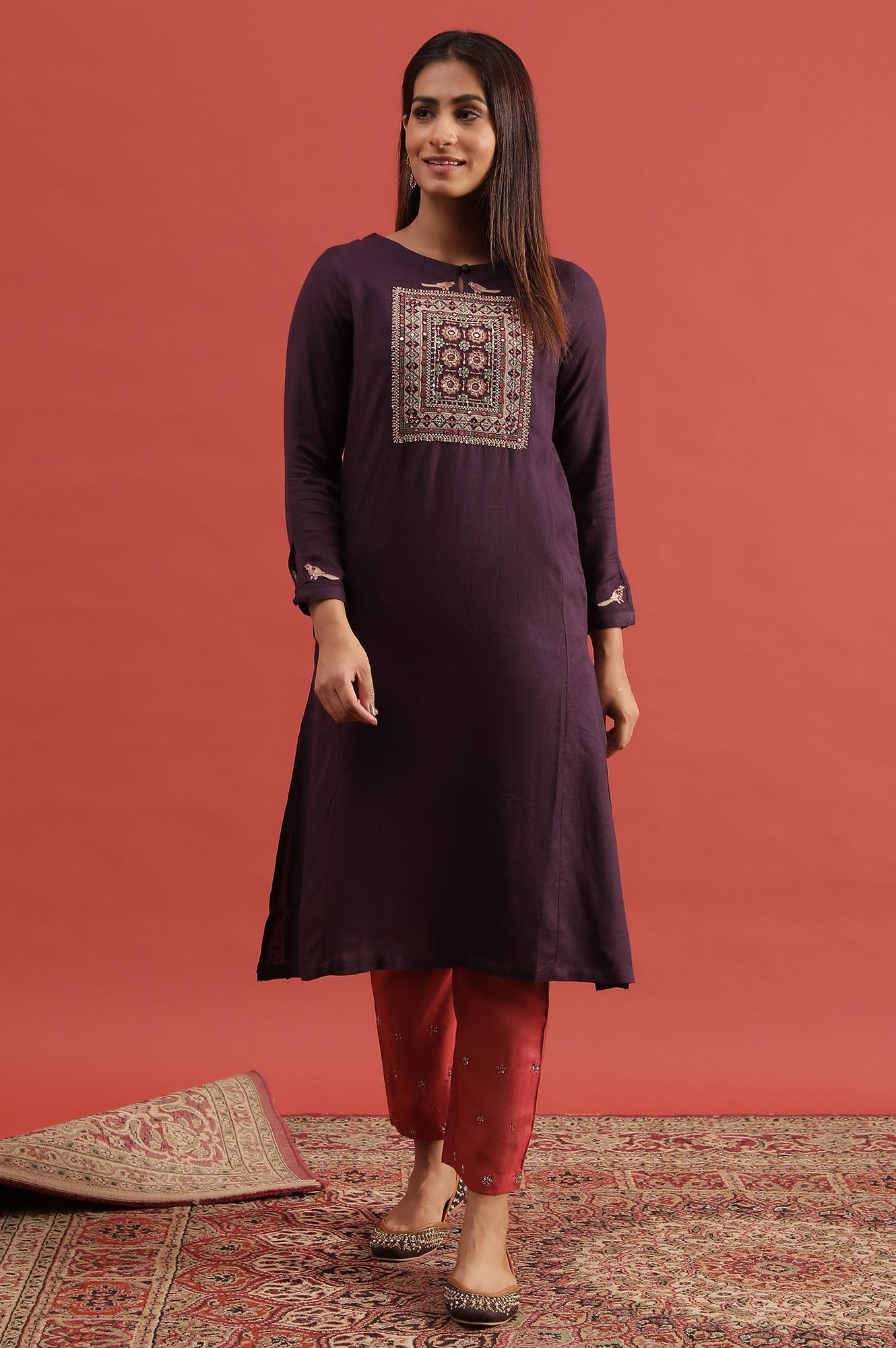 Purple Embroidered Rayon Flax Kurta