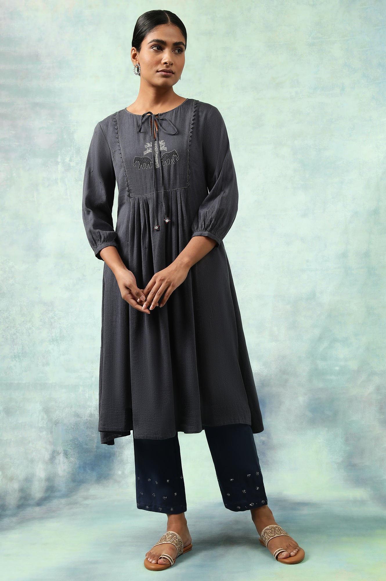 Denim Blue Cotton Viscose Dobby Flared Dress