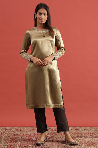 Green Embroidered Straight Kurta In Mushroo