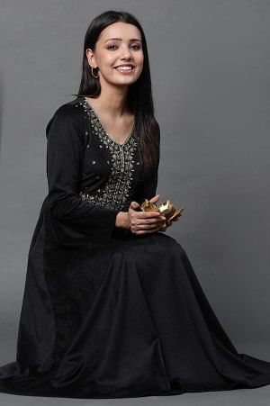 Black Embroidered Velvet Winter Dress