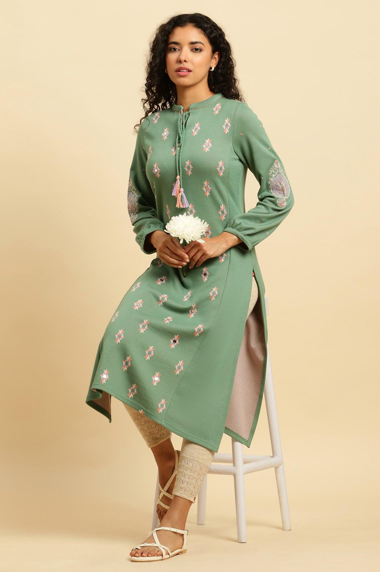 Wasabi Green Printed Winter Kurta And Tights Set