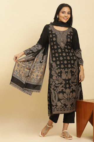 Black Jacquard Winter Kurta, Pants And Dupatta Set