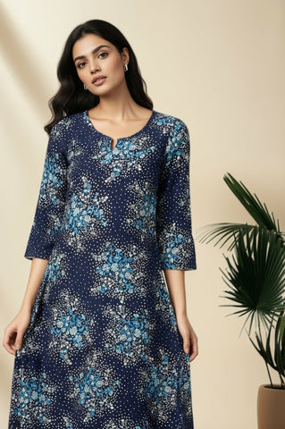 Blue Floral Printed Asymmetrical Kurta with Neck Metal Clasp