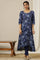Blue Floral Printed Pure Cotton Flared Kurta with Zari Neckline