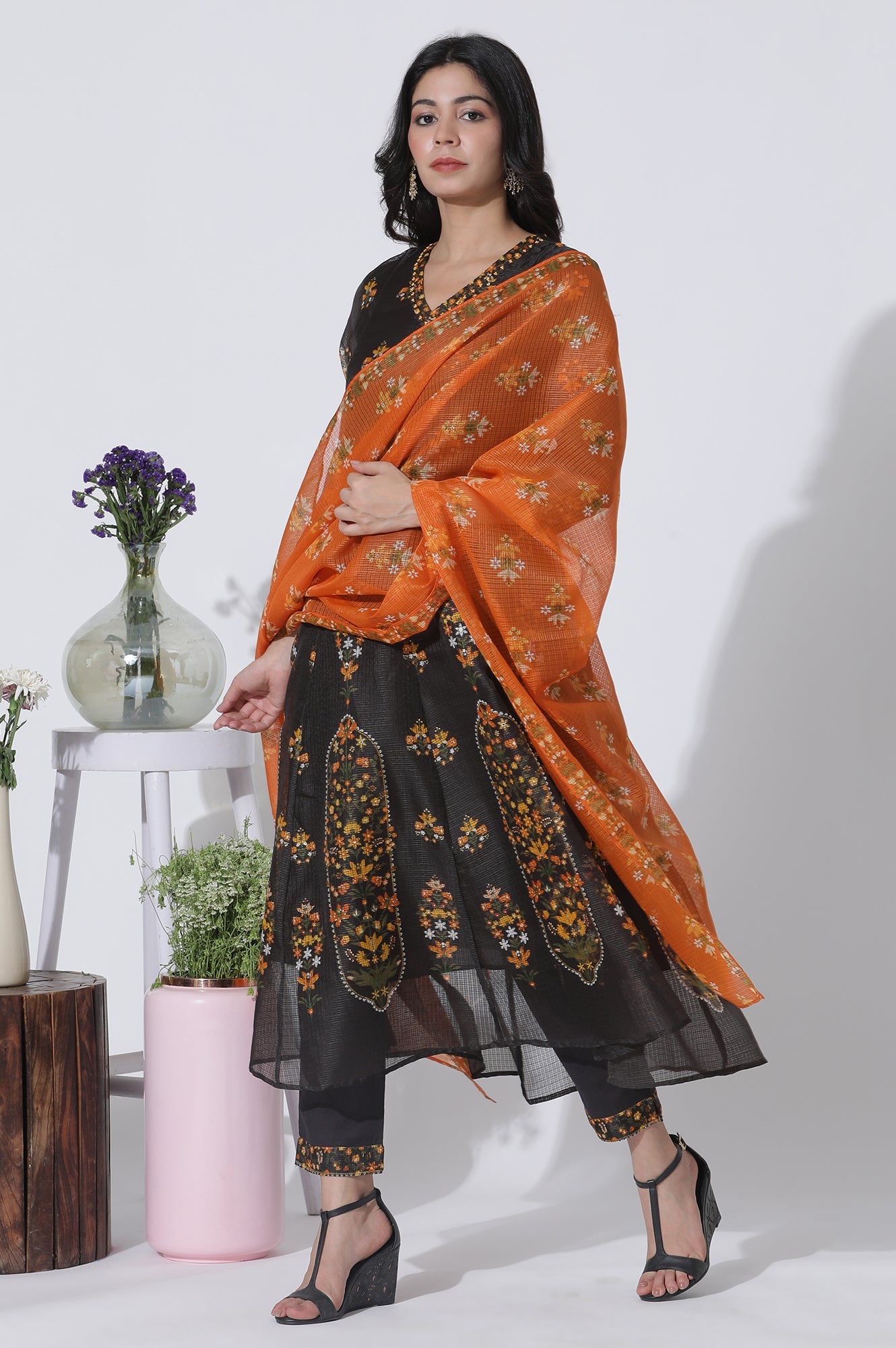 Black Floral Printed Flared Kota Kurta, Pants And Dupatta Set
