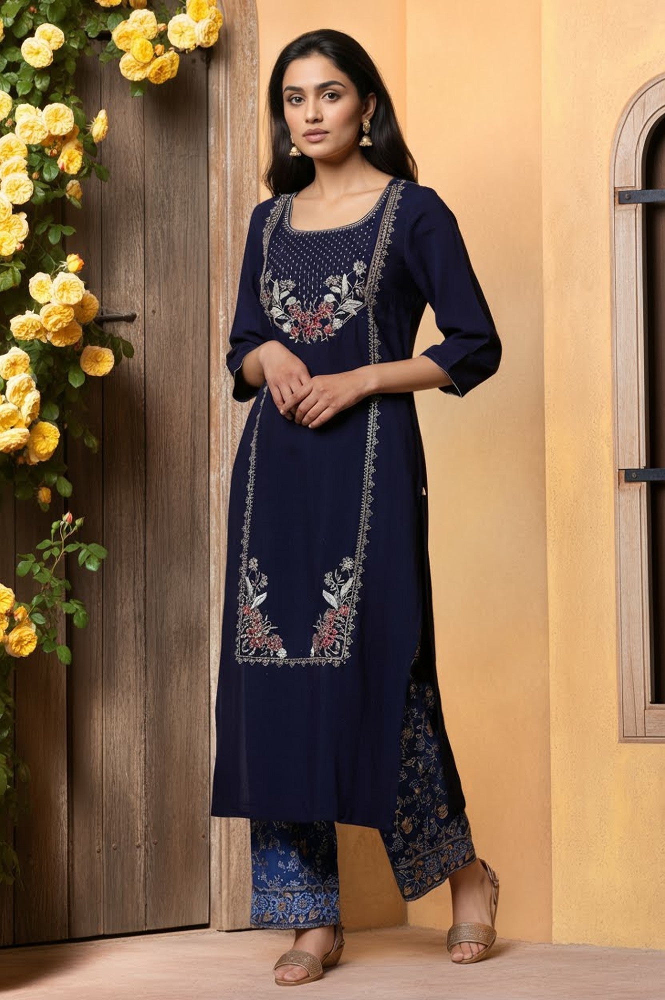 Blue Zari Embroidered Round Neck Kurta
