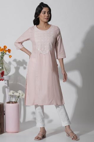 Light Pink Embroidered Cotton Lurex Kurta