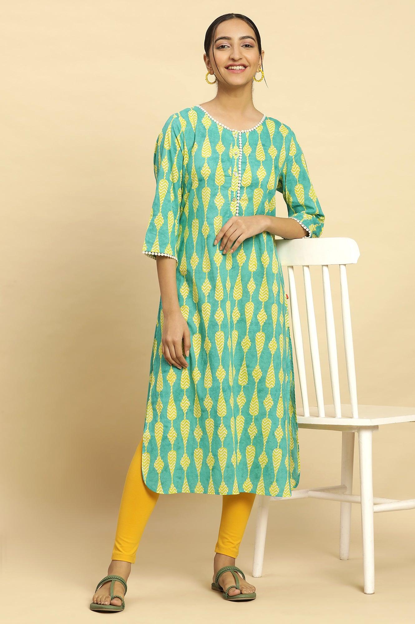 Green Geometric Printed Cotton Kurta