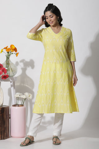 Yellow Schiffli Flared Kurta