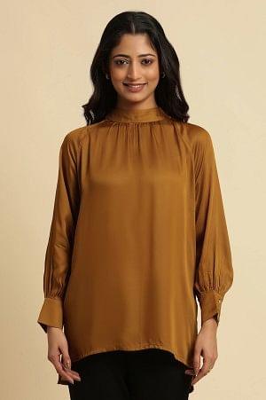 Brown Gathered High Neck Top