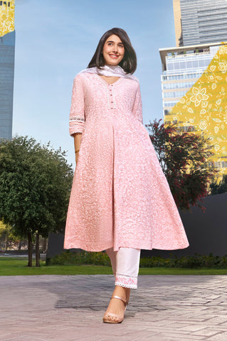 Light Pink Panelled Printed Kurta, Pants And Dupatta Set