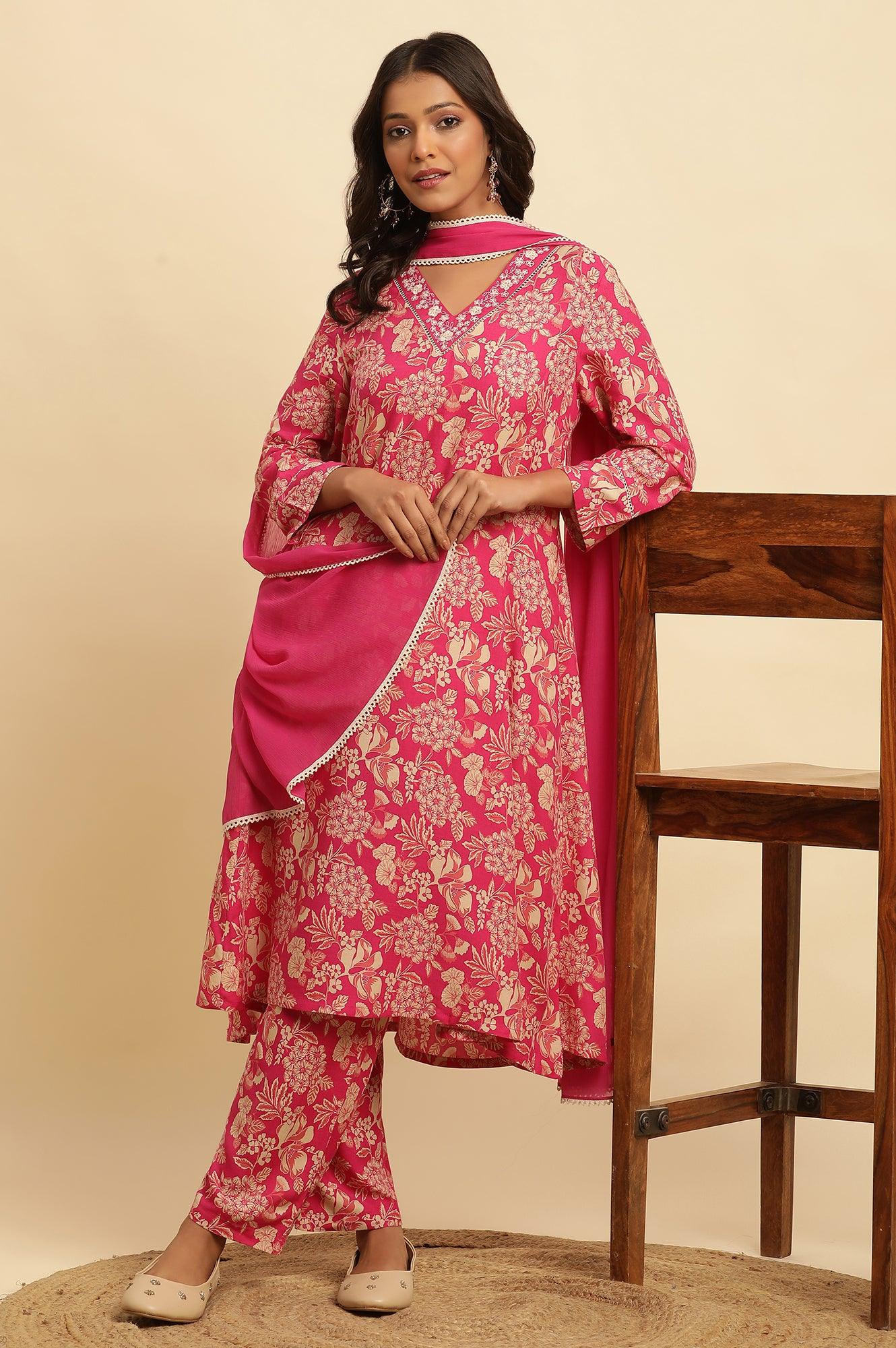 Pink Floral Printed A-Line Kurta, Pants And Dupatta Set