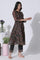 Dark Brown Panelled Printed Kota Kurta, Pants And Dupatta Set