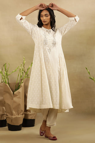 White Beadwork Panelled Kurta In Cotton Voile