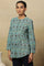 Aqua Blue Block Print Top With Gathered Sleeves