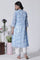 White & Blue Printed Flared Cotton Kurta With Pants Set