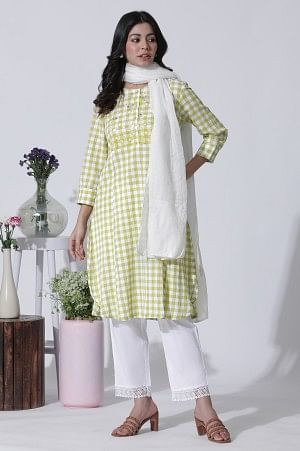 White & Green Checker Cotton Kurta, Pants With Dupatta Set