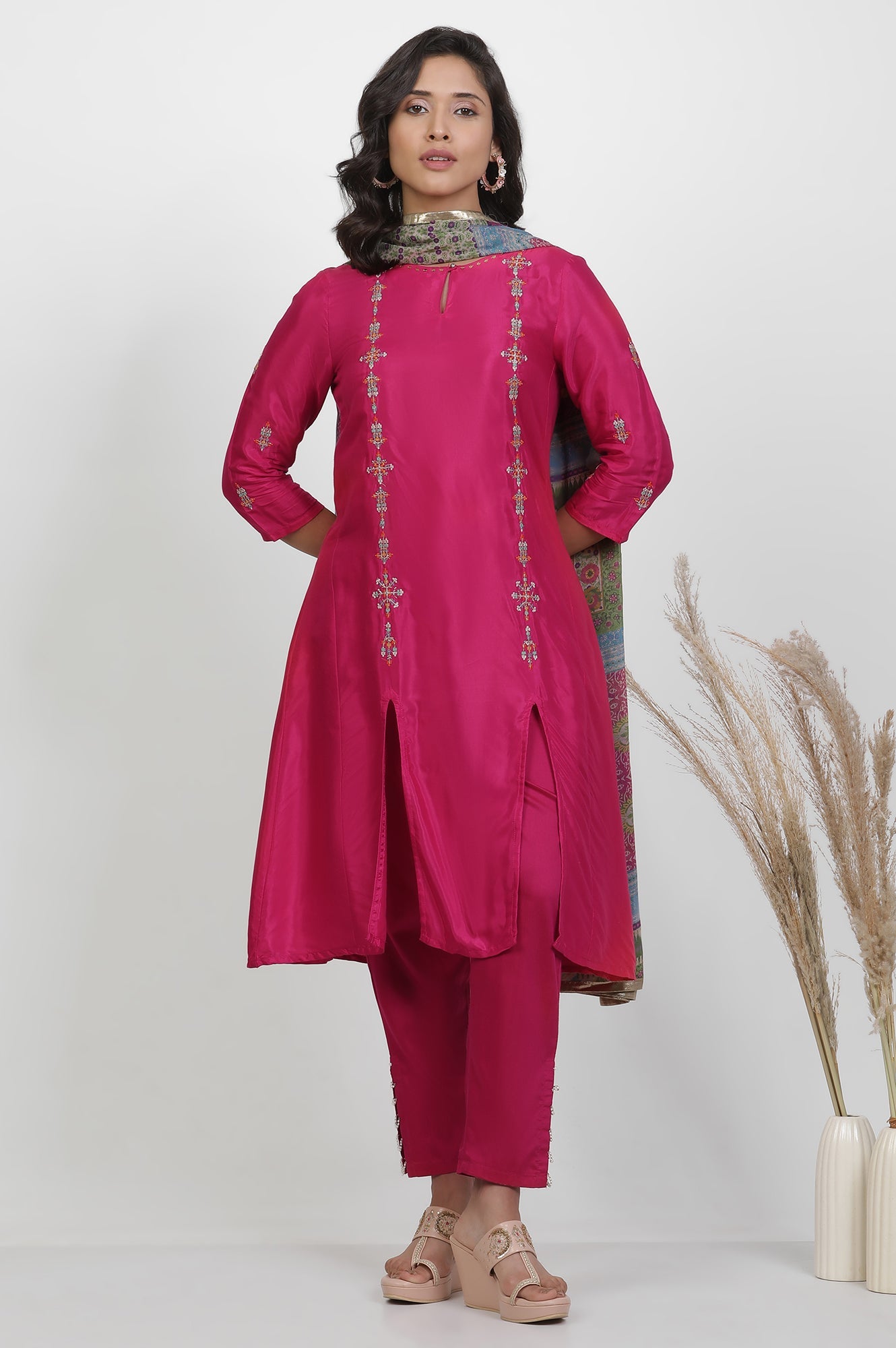 Pink Embroidered Shantung Kurta, Pants And Printed Dupatta Set