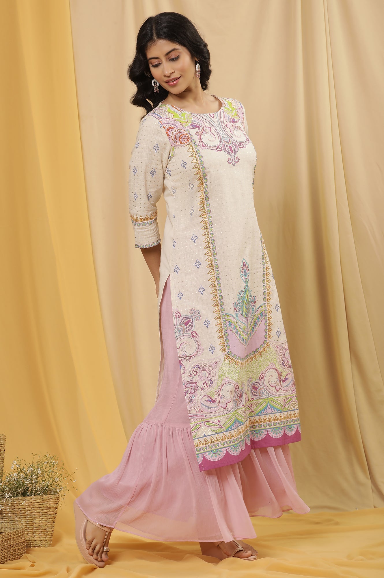 White Printed Straight Kurta And Sharara Set