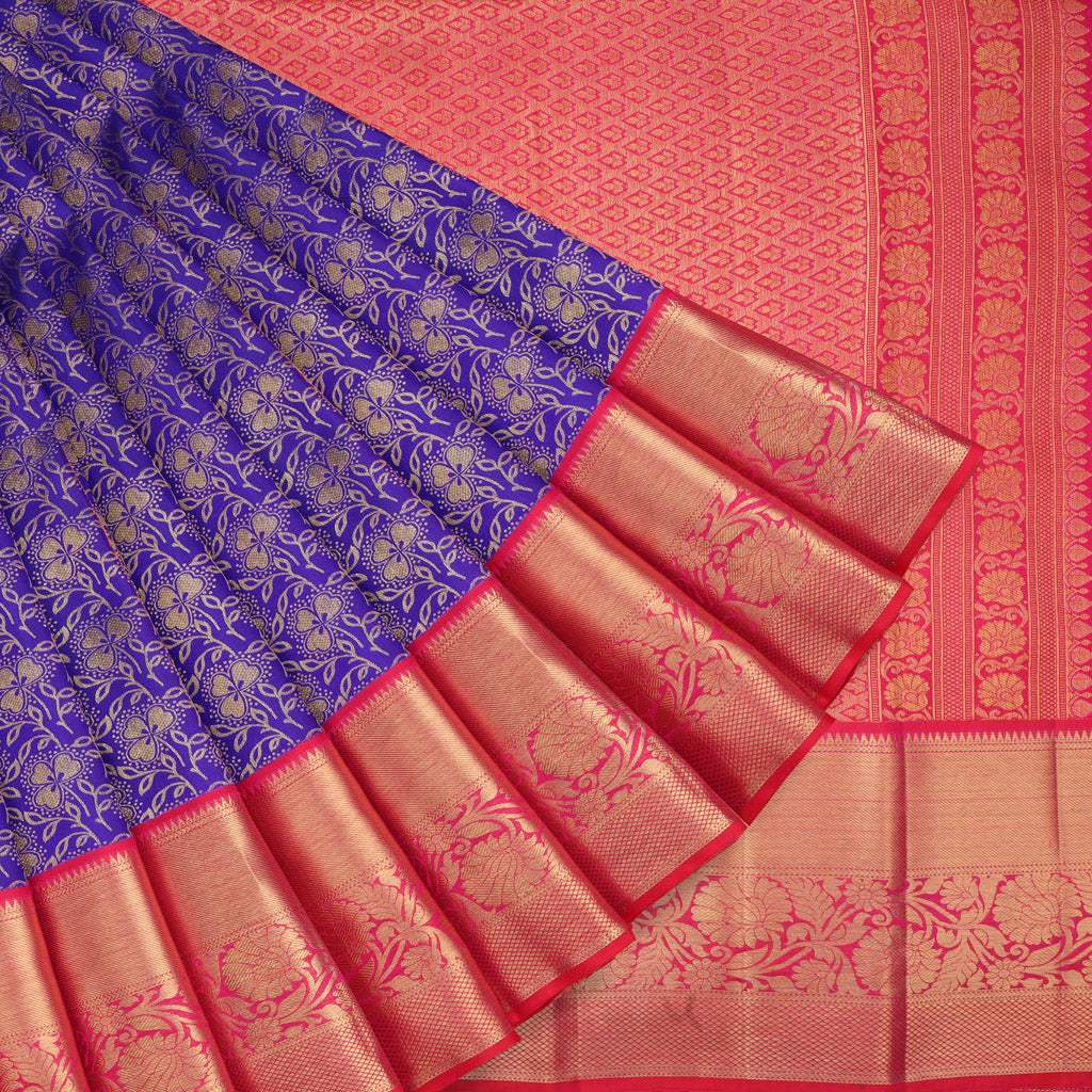 Dark Blue Kanjivaram Silk Handloom Saree With Leaf Pattern