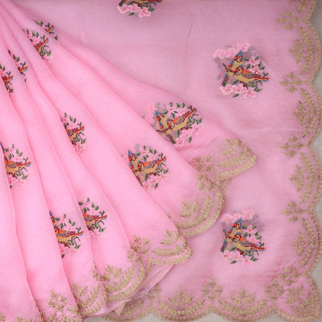 Baby Pink Floral Embroidered Organza Saree