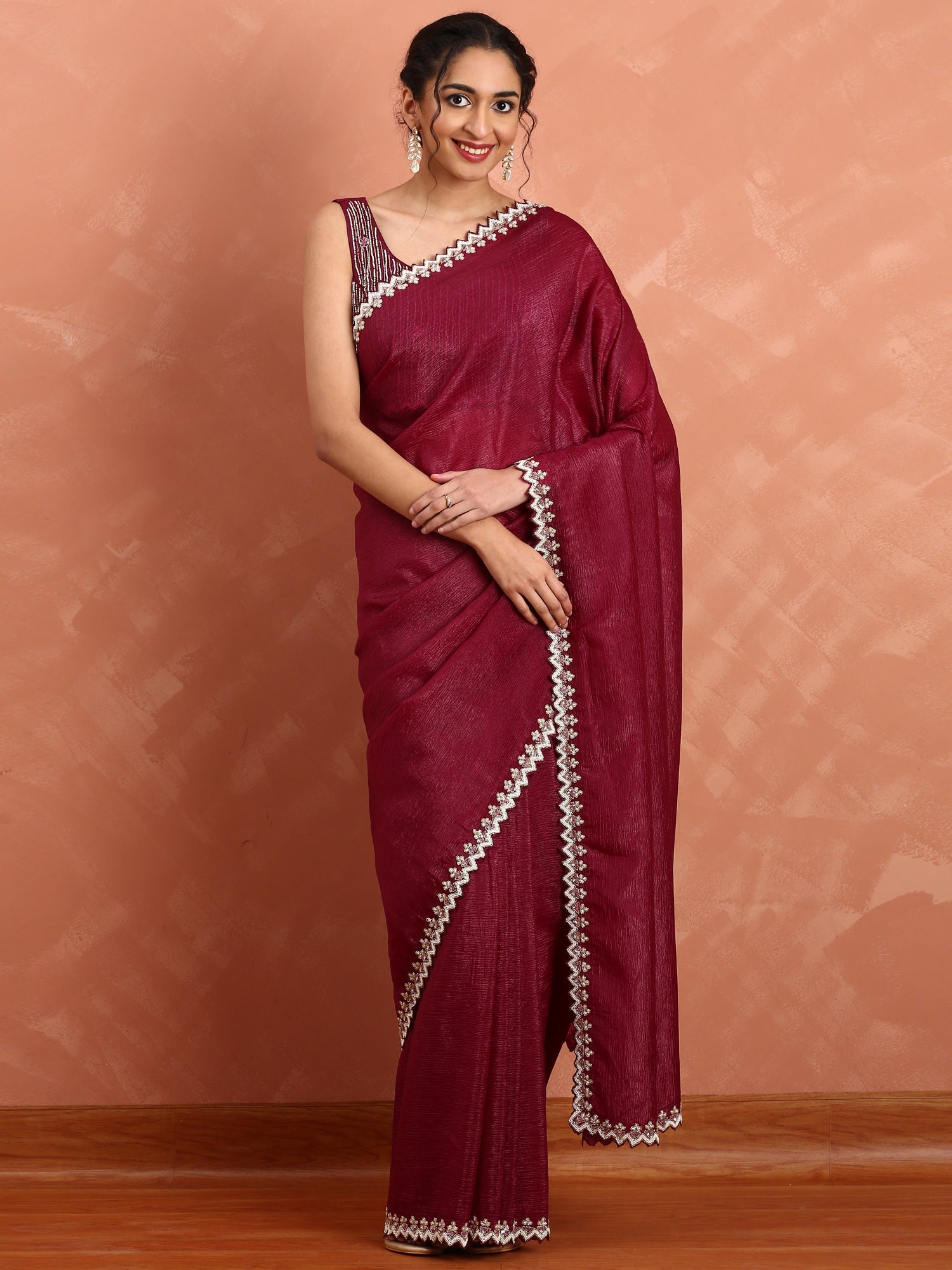 Mahroon Jimmy saree with cut Dana & pearl embroidery with ready made blouse