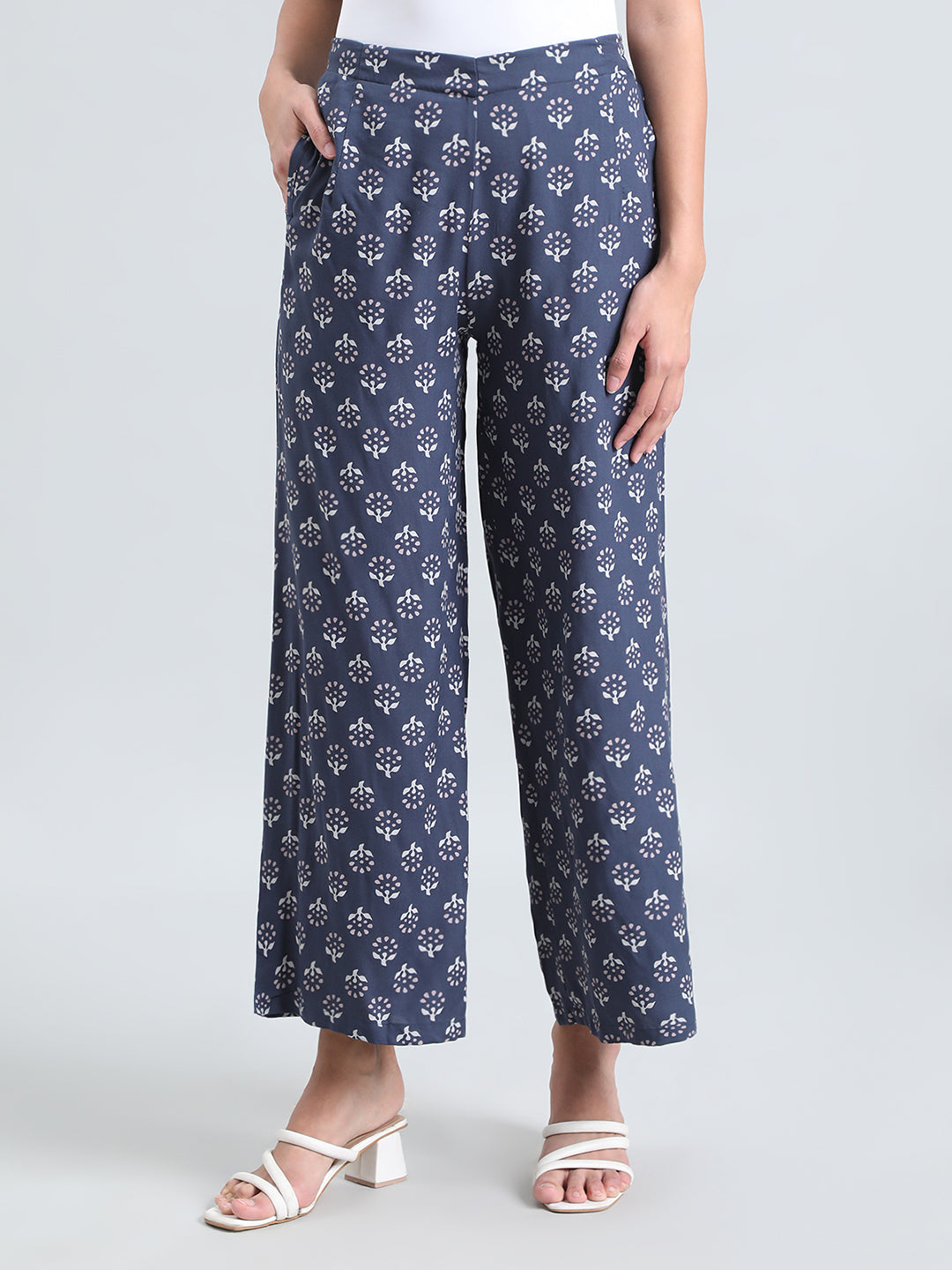 Navy Woven Viscose Printed Palazzo