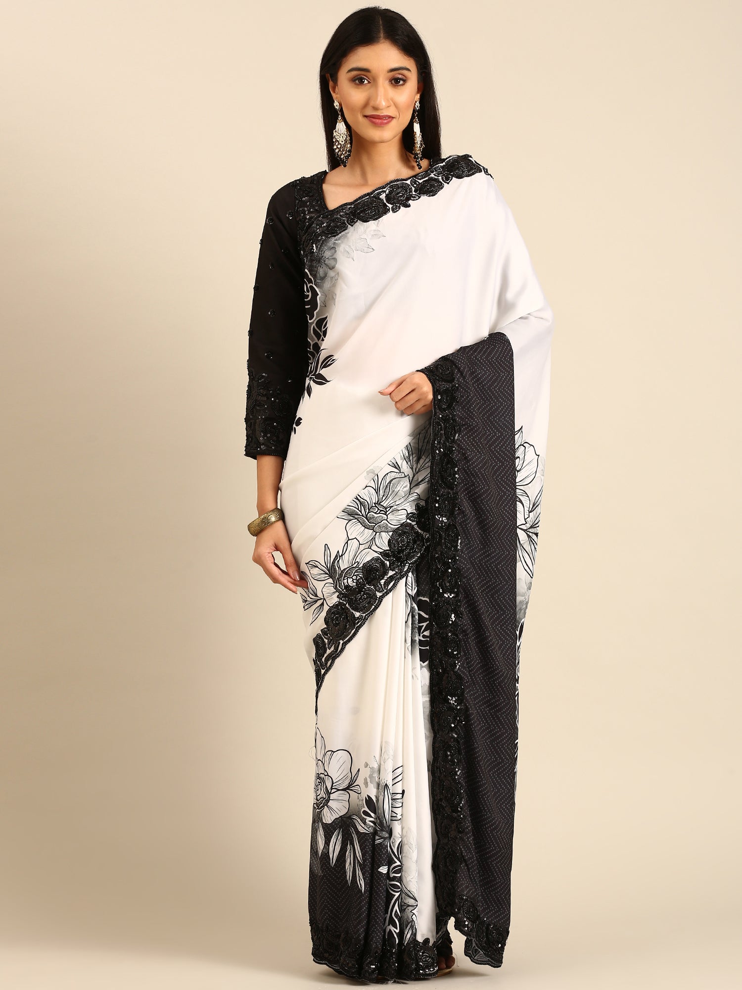Black & white satin printed saree with hand embroidery & ready made blouse