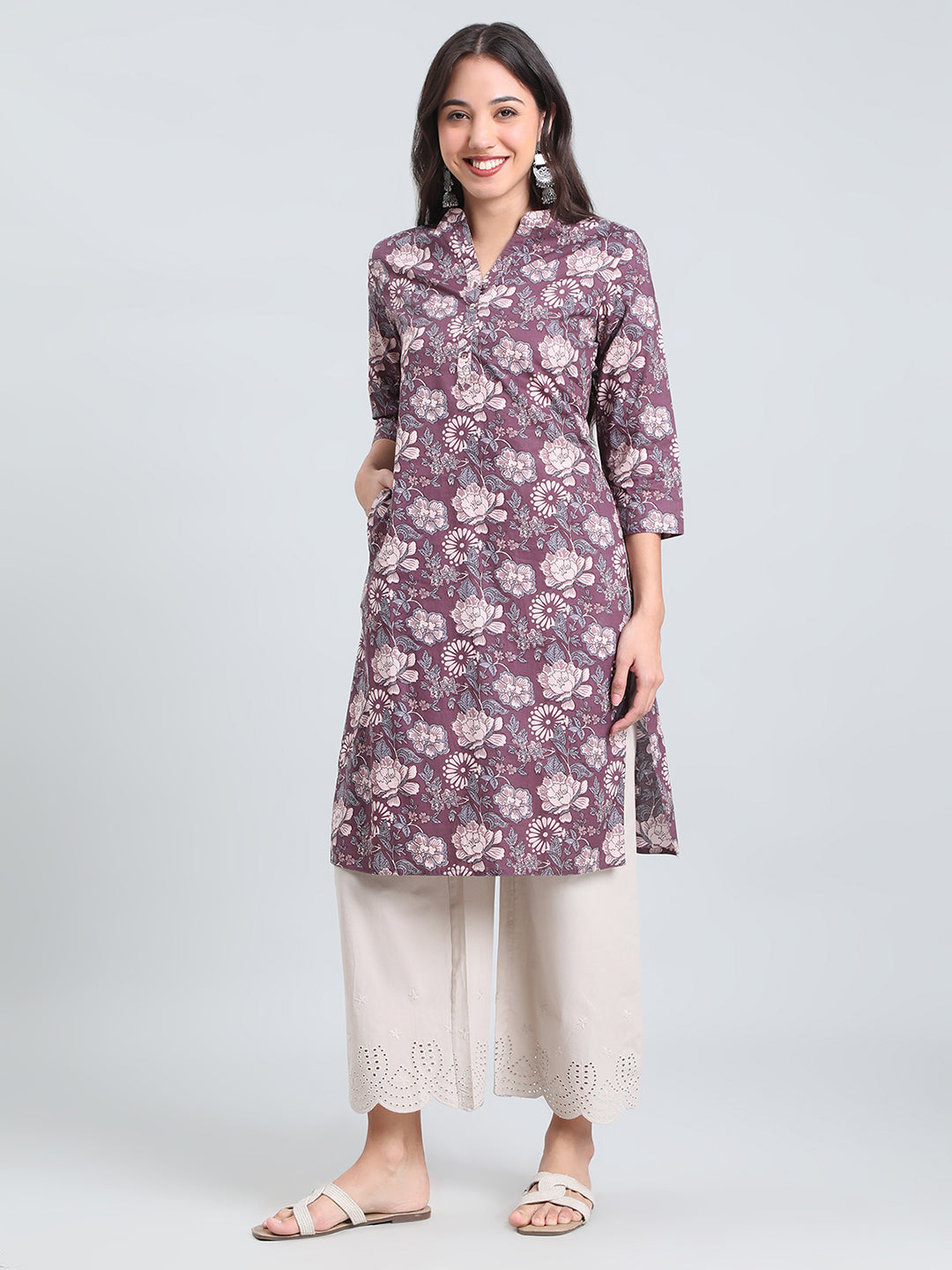 Cotton Floral Block Print Straight Kurta