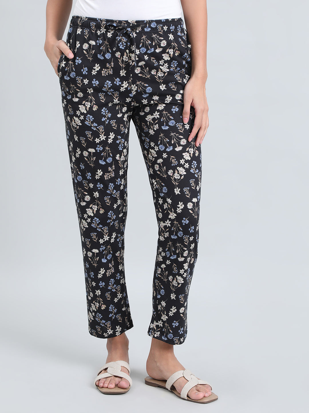 Black Cotton Knit Printed Lounge Pants