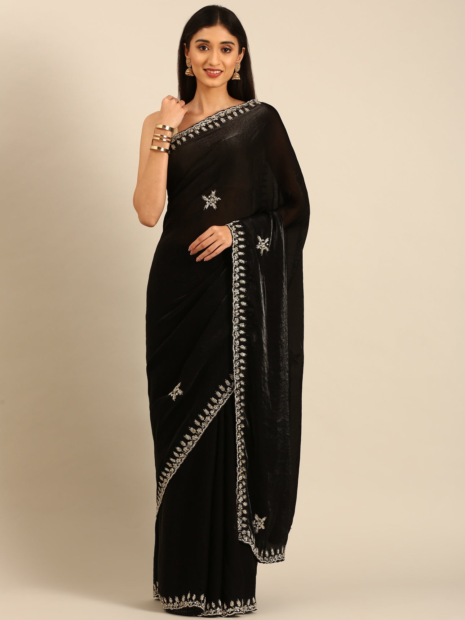 Black shimmer tissue saree with cut Dana & Swarovski embroidery