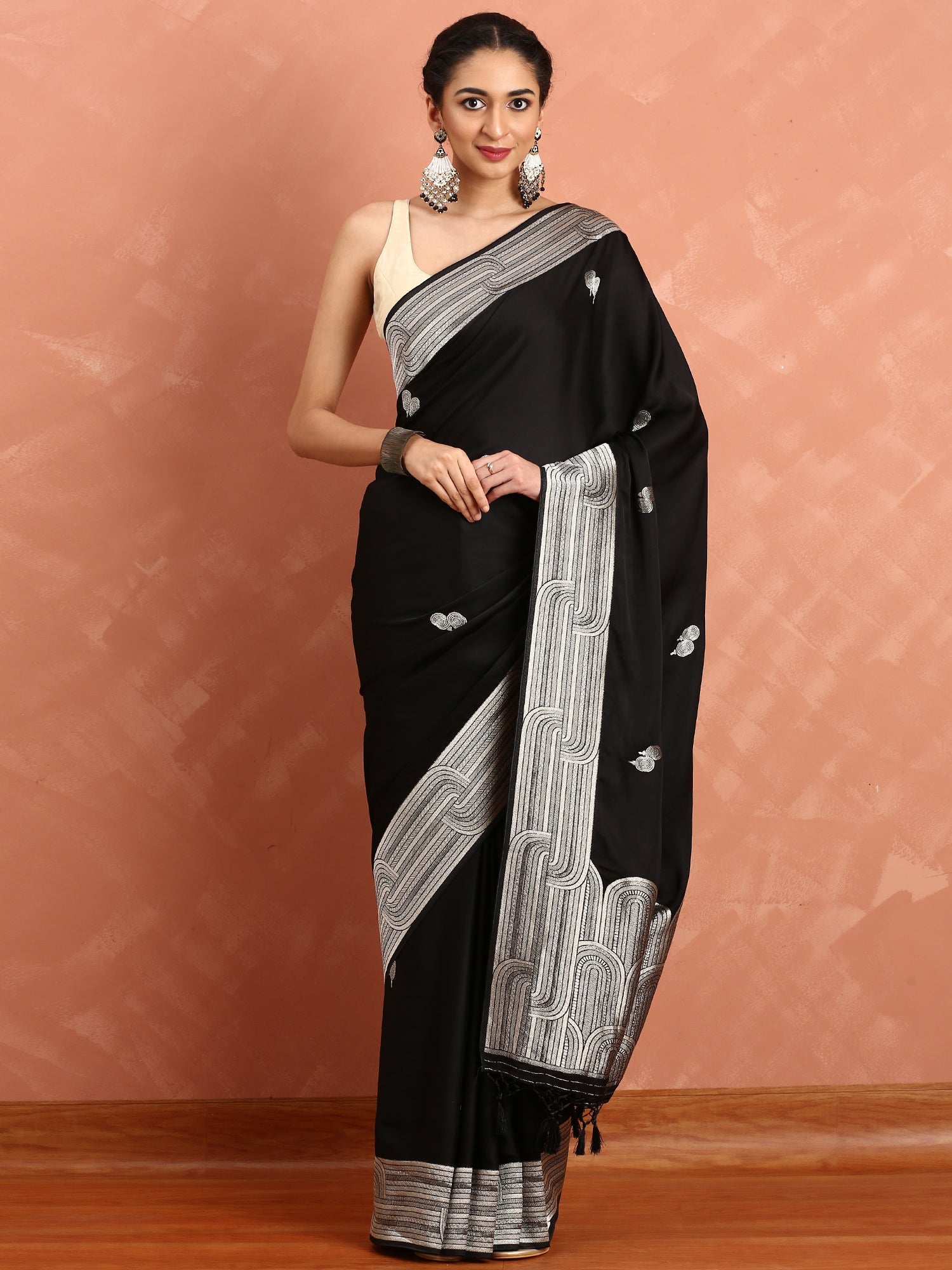 Black Banaras Silk Saree With Silver Zari Motifs & Border