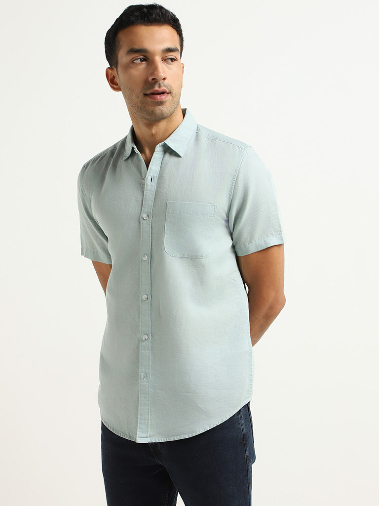 WES Casuals Green Slim-Fit Blended Linen Shirt