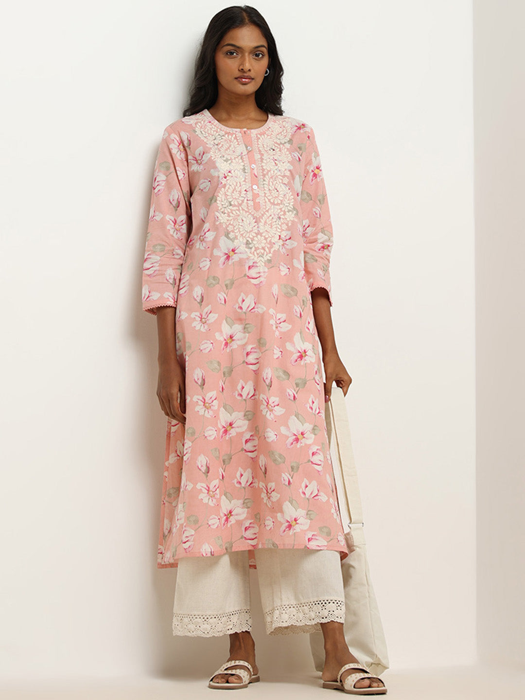 Utsa Pink Floral Embroidered Cotton Kurta