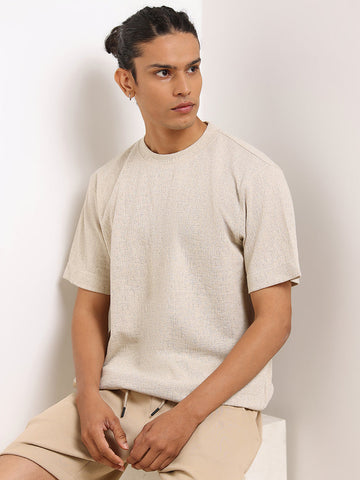 Studiofit Beige Self-Patterned Relaxed Fit T-Shirt