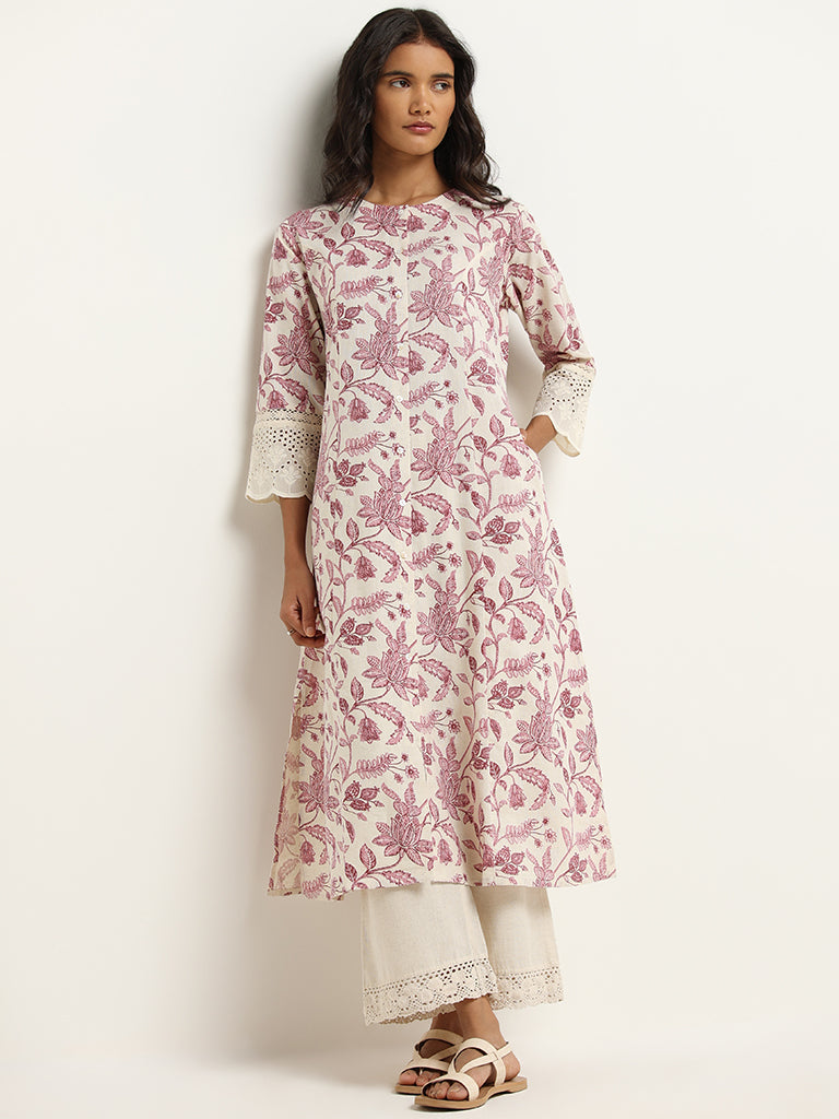 Utsa Lilac Floral Print Blended Linen Kurta