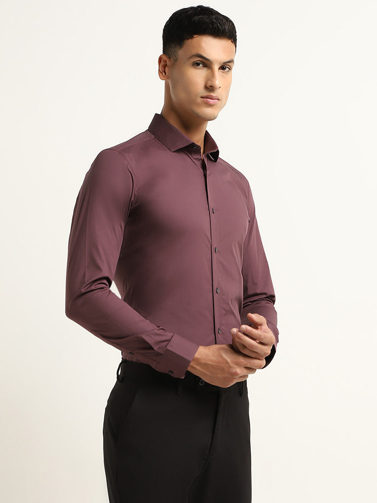 WES Formals Wine Solid Cotton Blend Ultra-Slim Fit Shirt