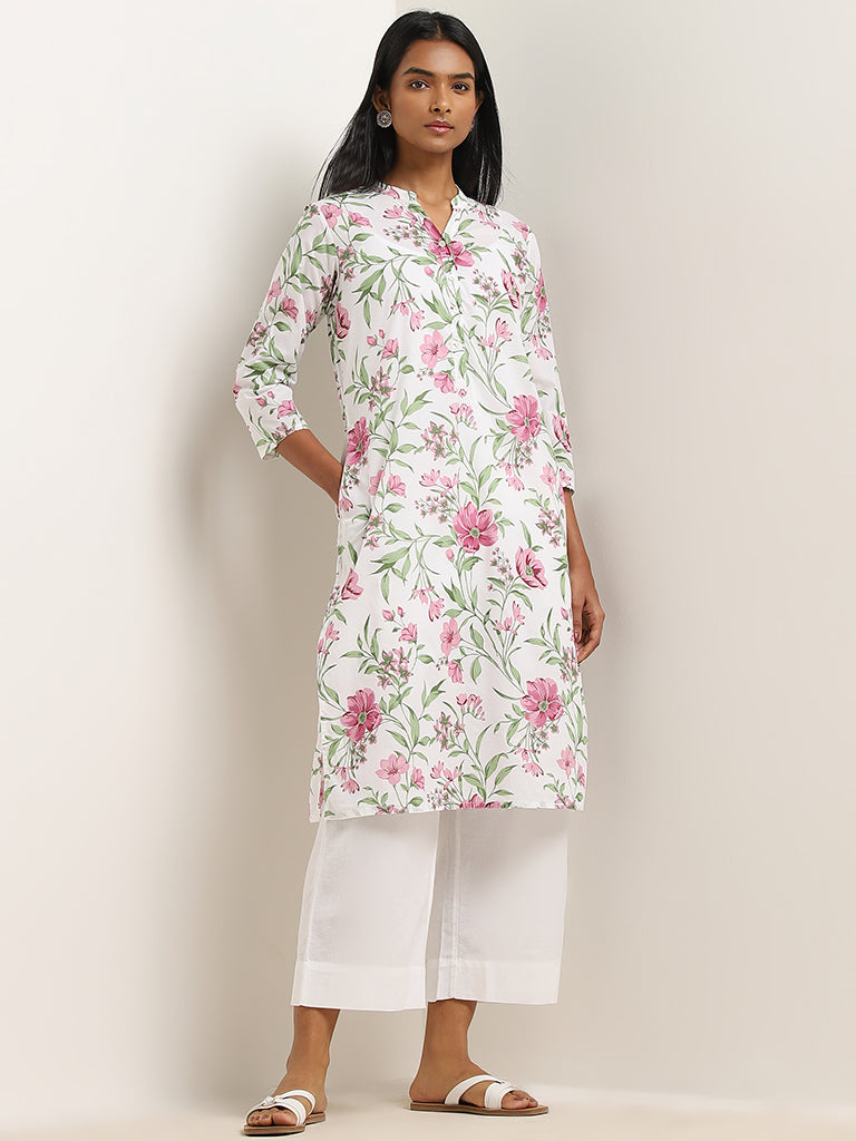 Utsa Mauve Floral Printed Straight Cotton Kurta