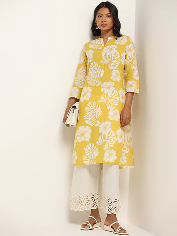 Utsa Yellow Floral Printed Cotton Kurta