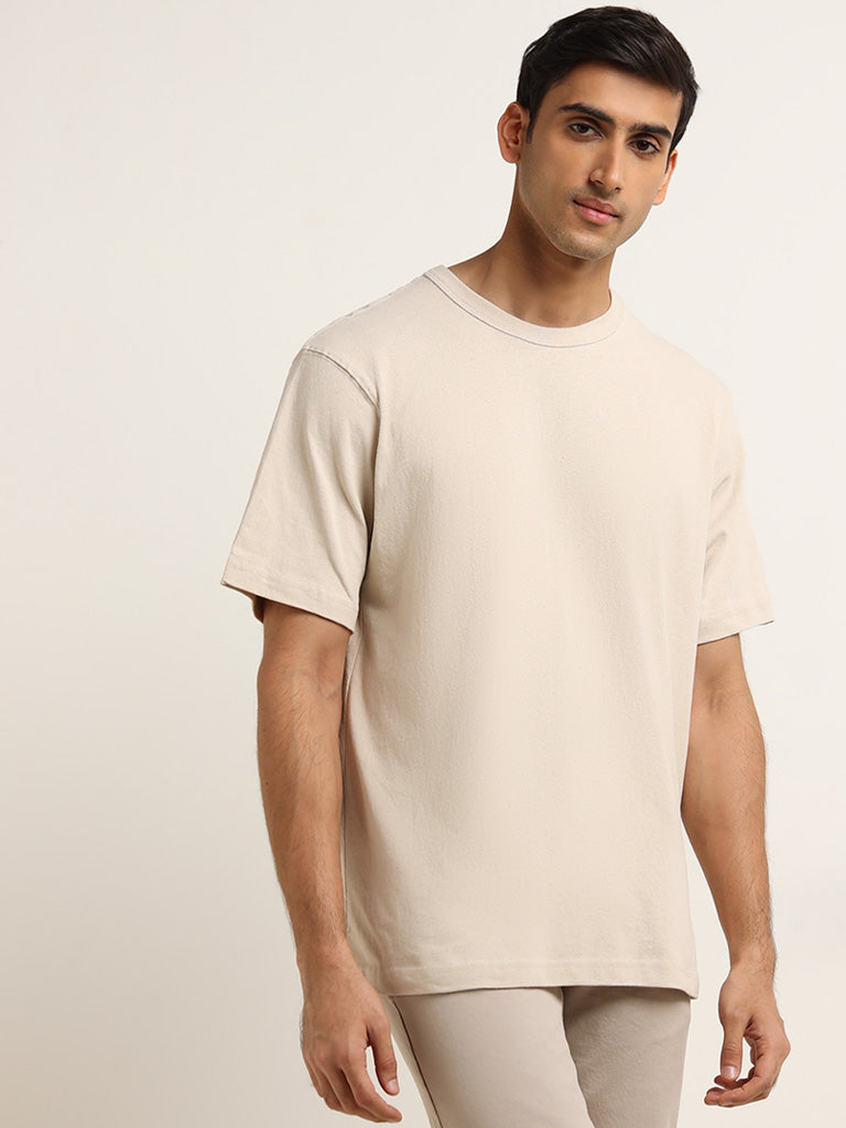 WES Casuals Beige Solid Regular Fit T-Shirt