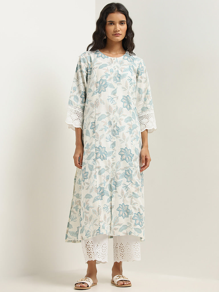 Utsa Blue Floral Printed A-line Cotton Kurta