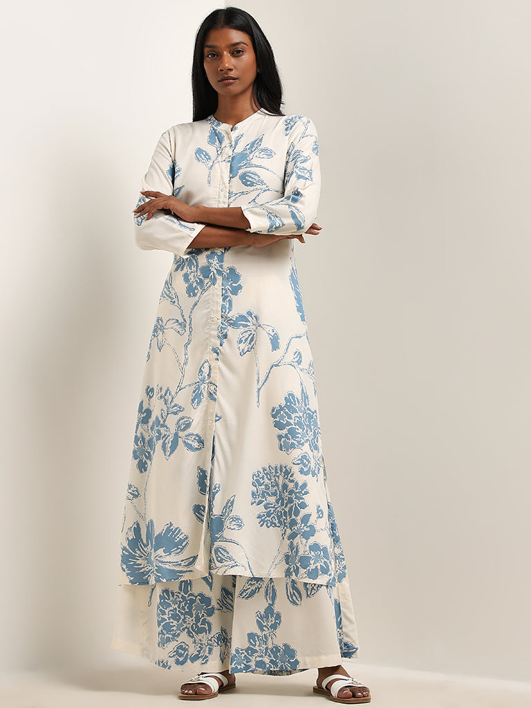 Utsa Blue Botanical Printed A-Line Kurta