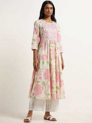 Utsa Pink Floral Design A-Line Cotton Kurta