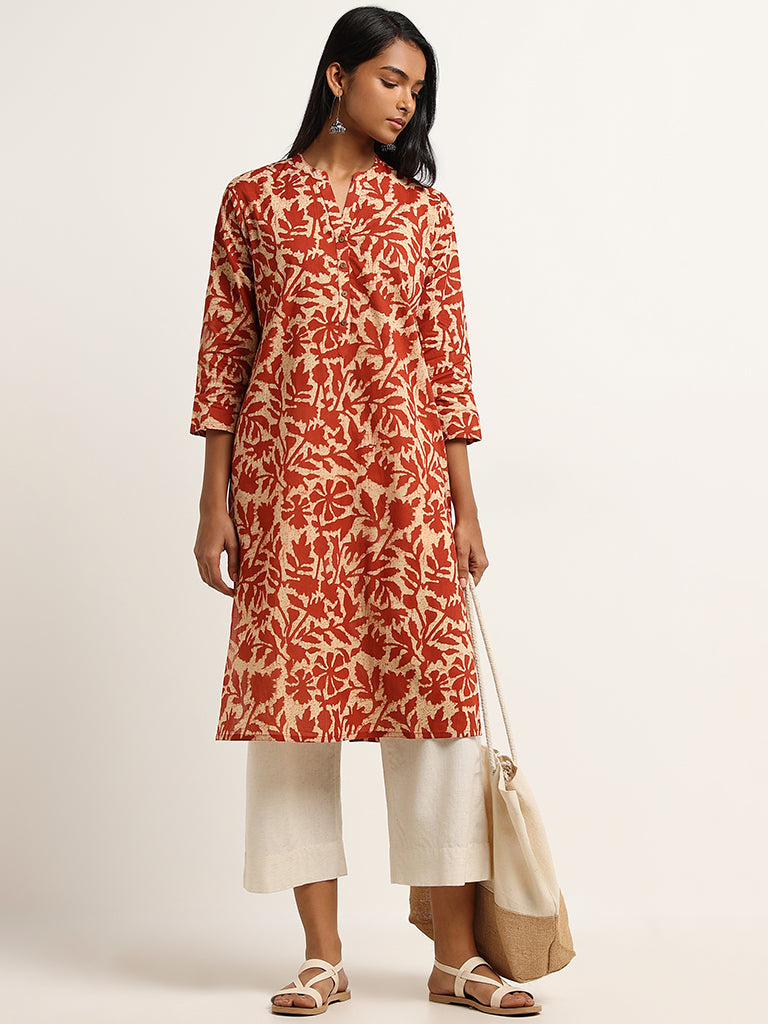 Utsa Red Printed Cotton Straight Kurta