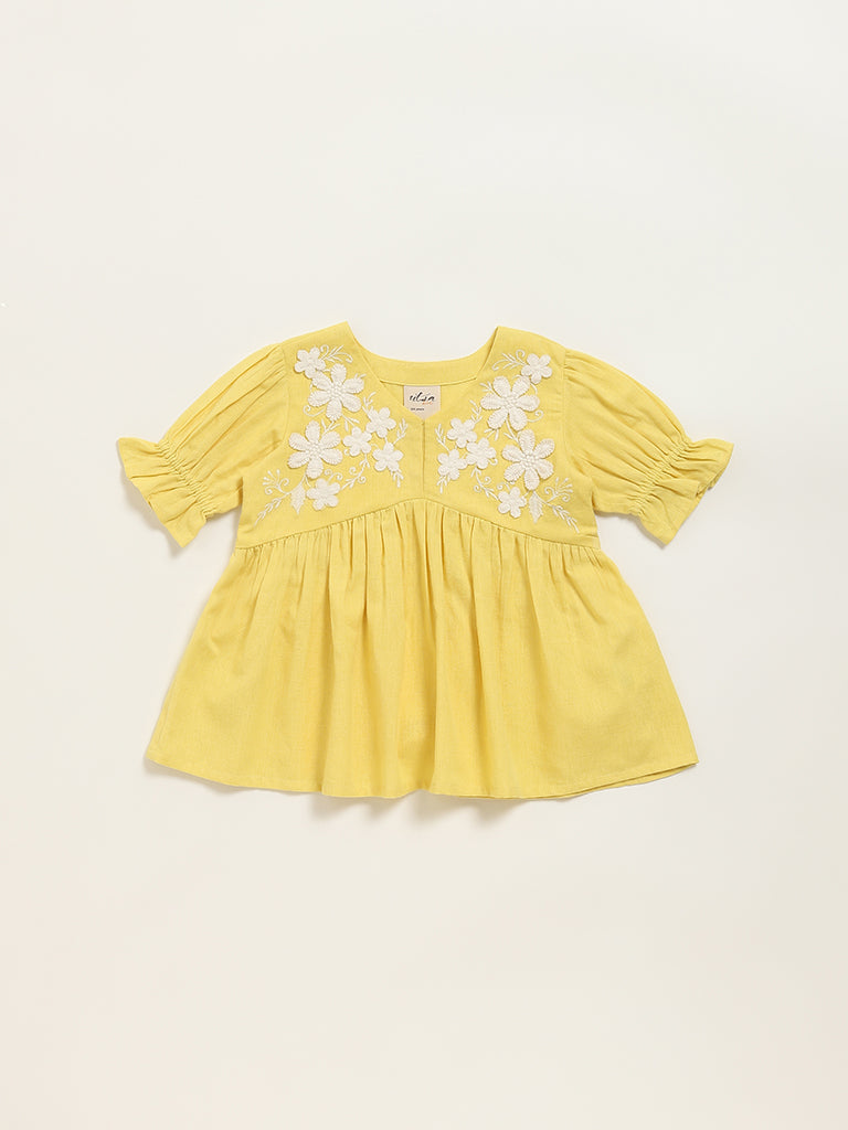 Utsa Kids Yellow Embroidered Cotton Blend Empire Dress (2 - 8yrs)