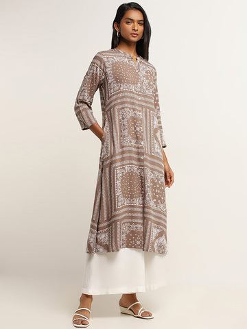 Utsa Brown Printed Straight Fit Kurta