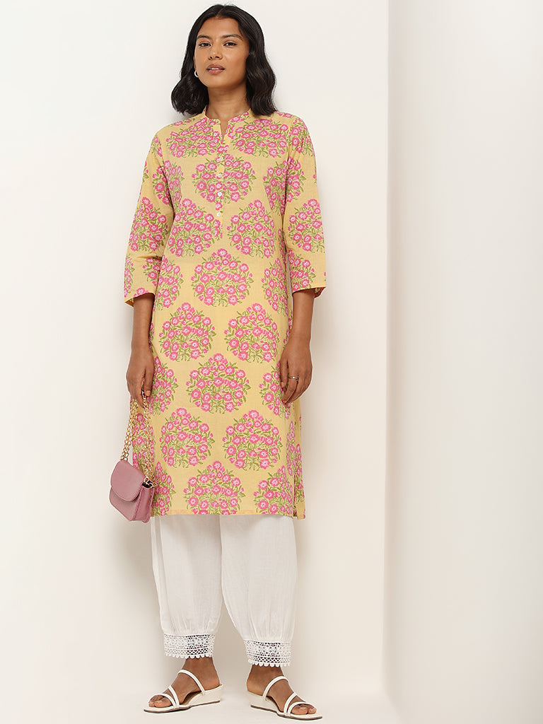 Utsa Yellow Straight-Fit Floral Print Cotton Kurta